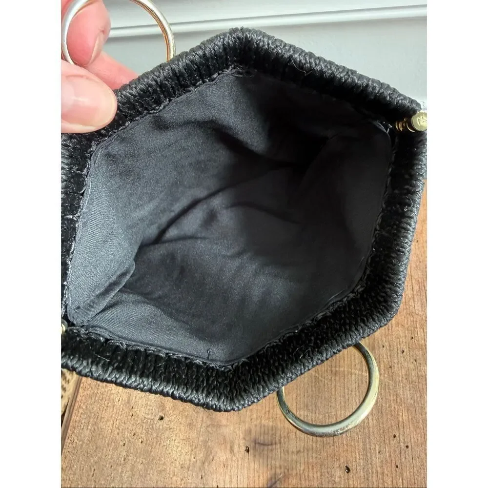 Vintage Black Macrame Clutch Gold Ring 8” x 6”